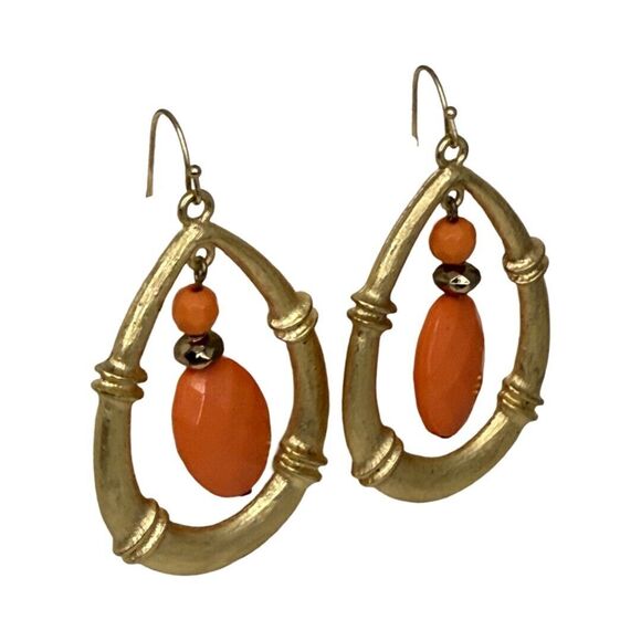 Gold-Tone Coral Orange Large Teardrop Dangle Earrings Statement - Picture 4 of 9
